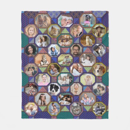 Family Photo Collage Dark Quilt Look 35 Pics Easy Fleece Blanket