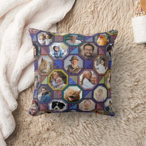 Family Photo Collage Dark Quilt Look 42 Pics Easy Throw Pillow