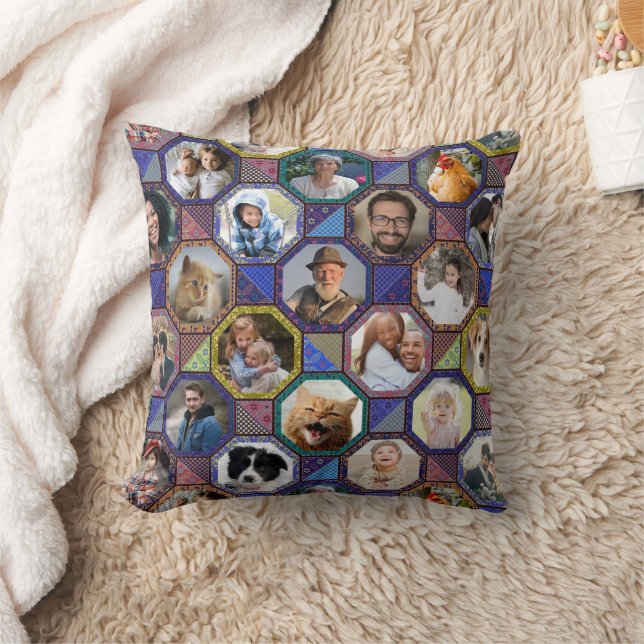Family Photo Collage Dark Quilt Look 42 Pics Easy Throw Pillow (Blanket)