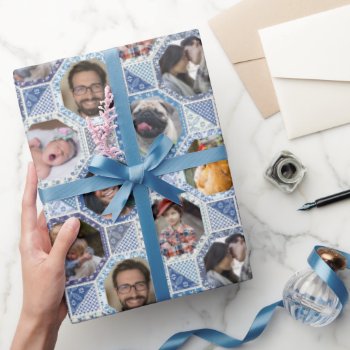 Family Photo Collage Easy Blue Quilt Look 28 Pics  Wrapping Paper by PictureCollage at Zazzle