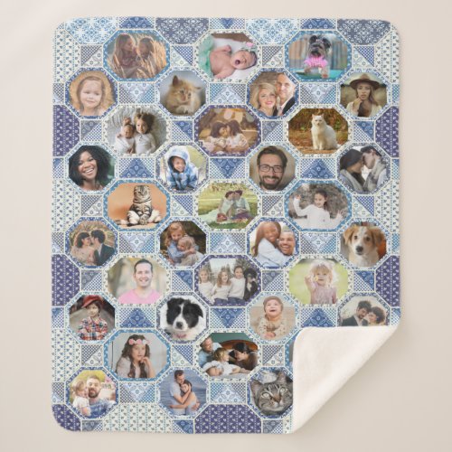 Family Photo Collage Easy Blue Quilt Look 35 Pics Sherpa Blanket