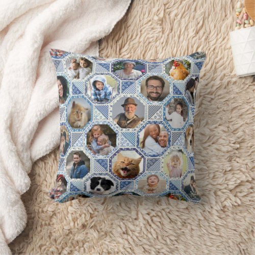 Family Photo Collage Easy Blue Quilt Look 42 Pics Throw Pillow