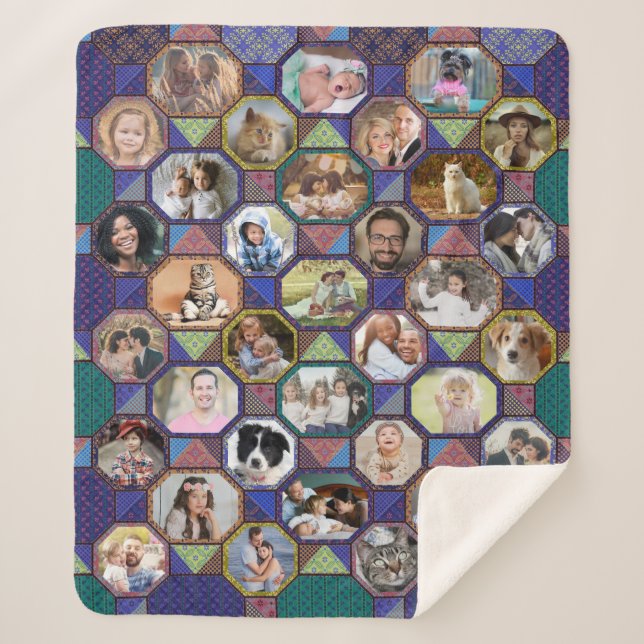 Family Photo Collage Easy Dark Quilt Look 35 Pics Sherpa Blanket (Front)
