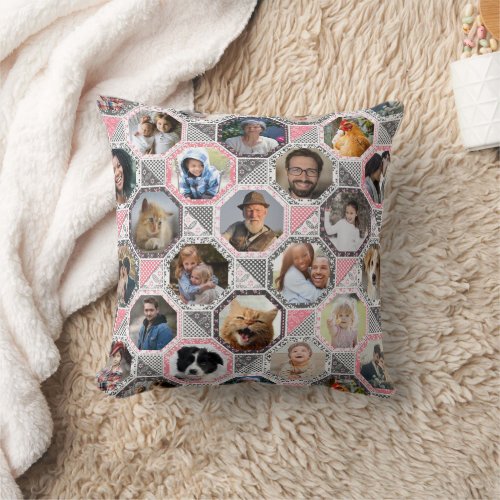 Family Photo Collage Easy Gray Pink Quilt 42 Pics Throw Pillow
