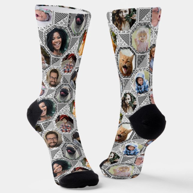 Family Photo Collage Easy Gray Quilt Look 12 Pics Socks (Angled)