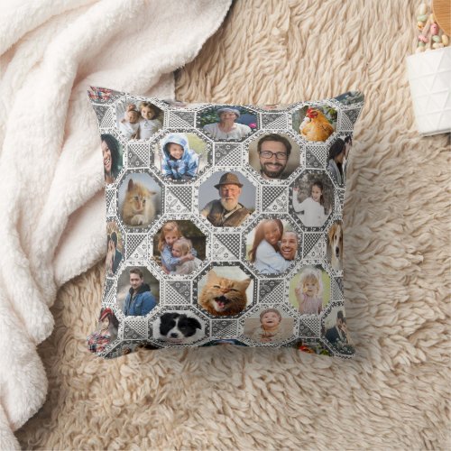 Family Photo Collage Easy Gray Quilt Look 42 Pics Throw Pillow