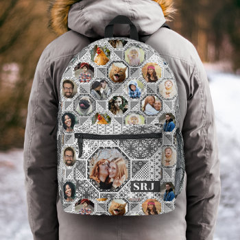 Family Photo Collage Easy Gray Quilt Look Monogram Printed Backpack by PictureCollage at Zazzle