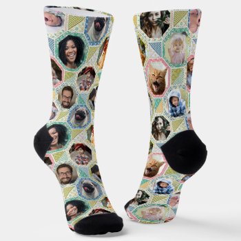 Family Photo Collage Easy Pastel Quilt Look 12 Pic Socks by PictureCollage at Zazzle