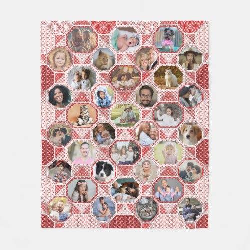 Family Photo Collage Easy Red Quilt Look 35 Pics Fleece Blanket