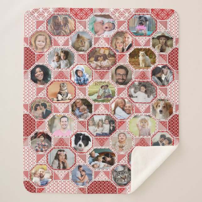 Family Photo Collage Easy Red Quilt Look 35 Pics Sherpa Blanket (Front)