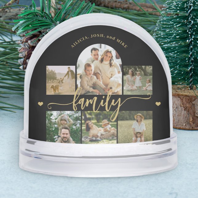 Family photo collage elegant gold script keepsake snow globe (Creator Uploaded)