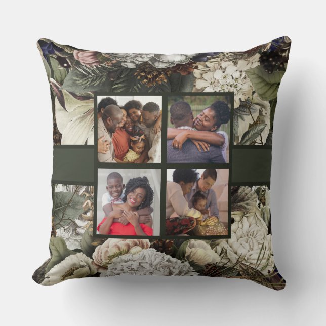 Family Photo Collage Elegant Winter Garden Floral Throw Pillow (Front)