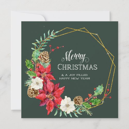 Family Photo Collage Emerald Green n Gold Floral Holiday Card