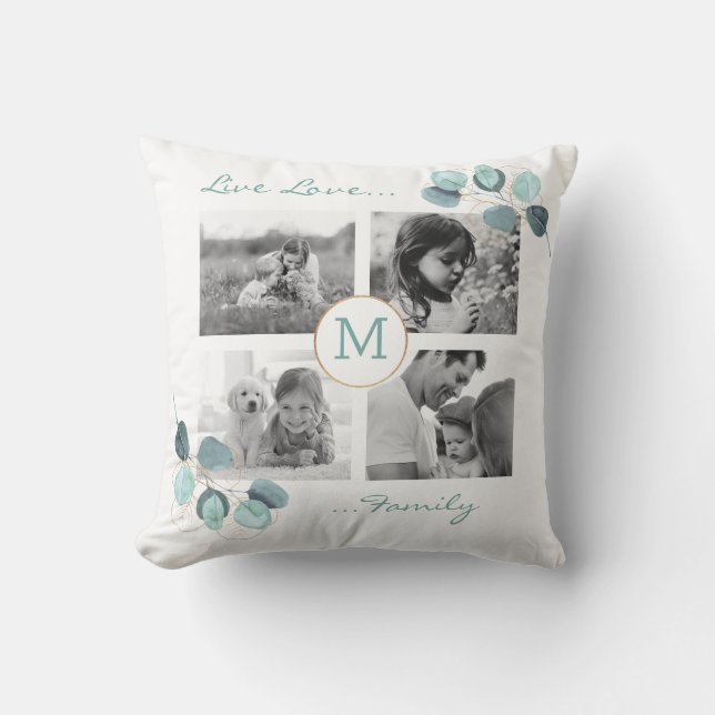 Family Photo Collage Eucalyptus Monogrammed Throw  Pillow (Front)