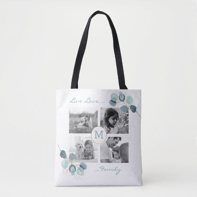 Family Photo Collage Eucalyptus Monogrammed Tote B Bag (Front)