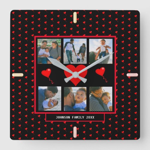 Family Photo Collage Family Heart Black Background Square Wall Clock