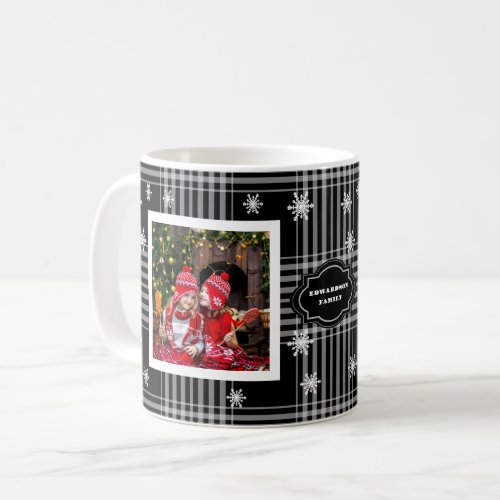 Family photo collage family name buffalo plaid coffee mug