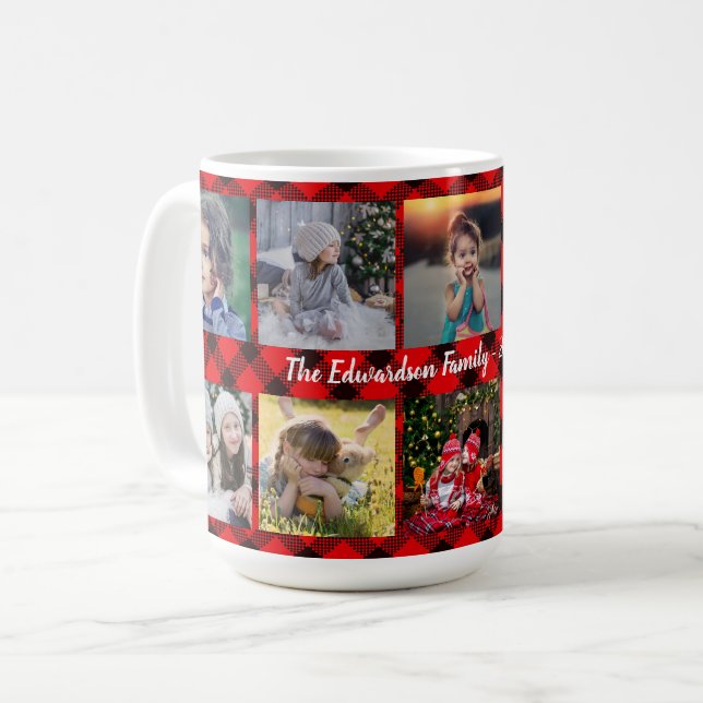 Family photo collage family name on buffalo plaid  coffee mug (Front Left)