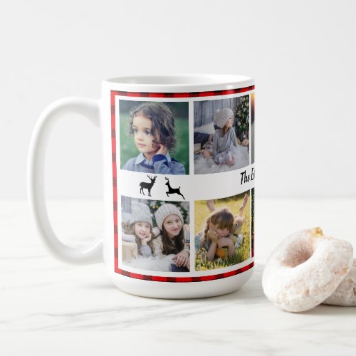 Family photo collage family name on buffalo plaid coffee mug