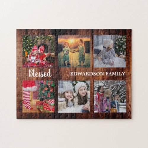 Family photo collage family name rustic jigsaw puzzle