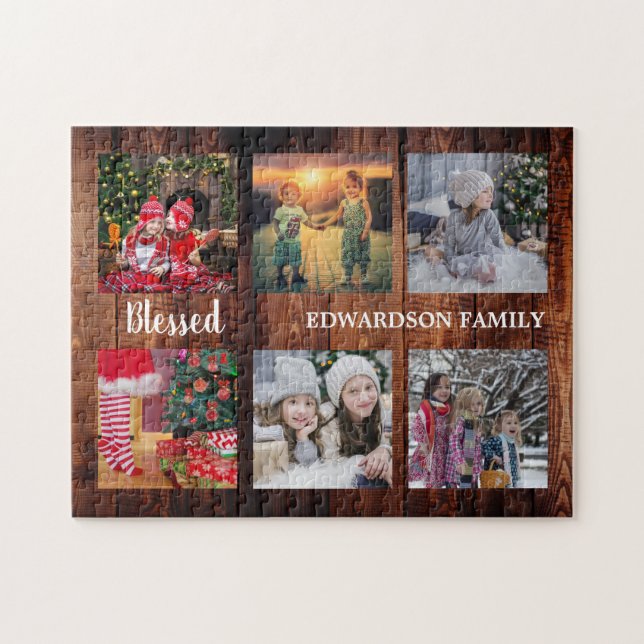 Family photo collage family name rustic jigsaw puzzle (Horizontal)