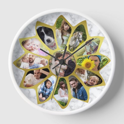 Family Photo Collage Flower Marble and Gold Easy Clock