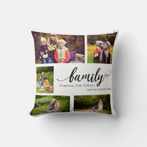 Family Photo Collage Forever  Always Calligraphy Throw Pillow