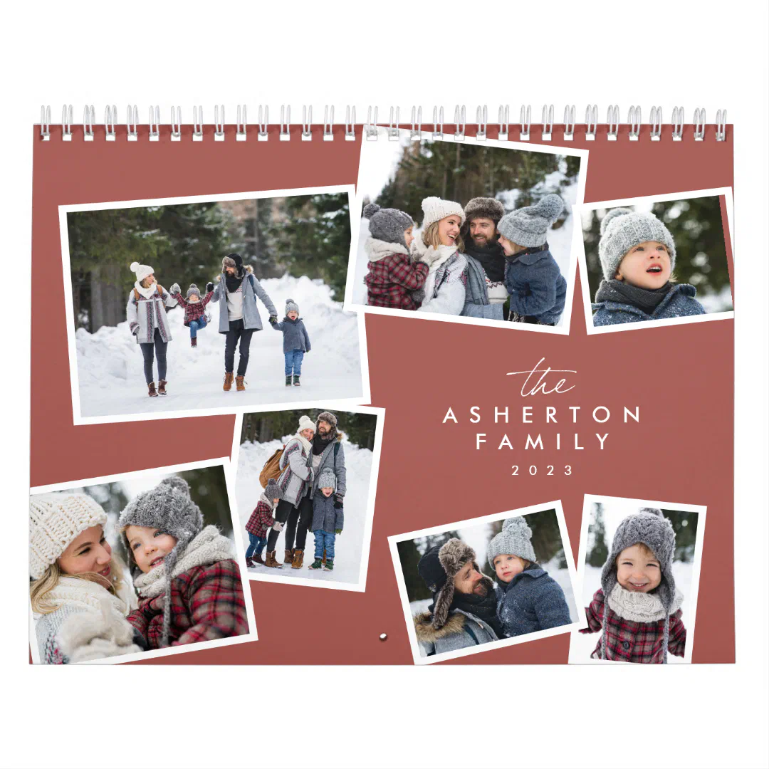 Family photo collage fun modern terracotta calendar (Cover)