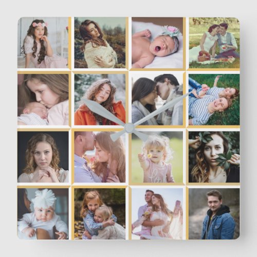 Family Photo Collage Golden Border Instagram Pics Square Wall Clock
