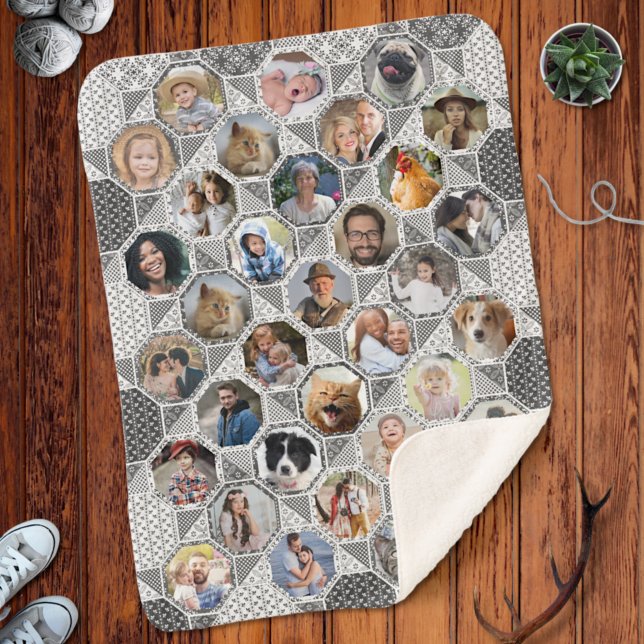 Family Photo Collage Gray Quilt Look 35 Pics Lg Sm Sherpa Blanket (Creator Uploaded)