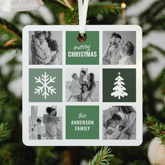 Family Photo Collage Green Christmas Metal Ornament (Creator Uploaded)