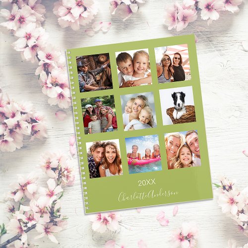 Family photo collage green name script 2025 planner