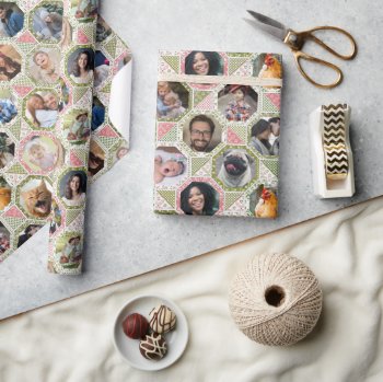 Family Photo Collage Green Pink Quilt 28 Picture Wrapping Paper by PictureCollage at Zazzle