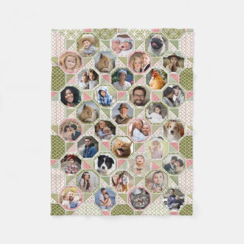 Family Photo Collage Green Pink Quilt 35 Pic Lg Sm Fleece Blanket