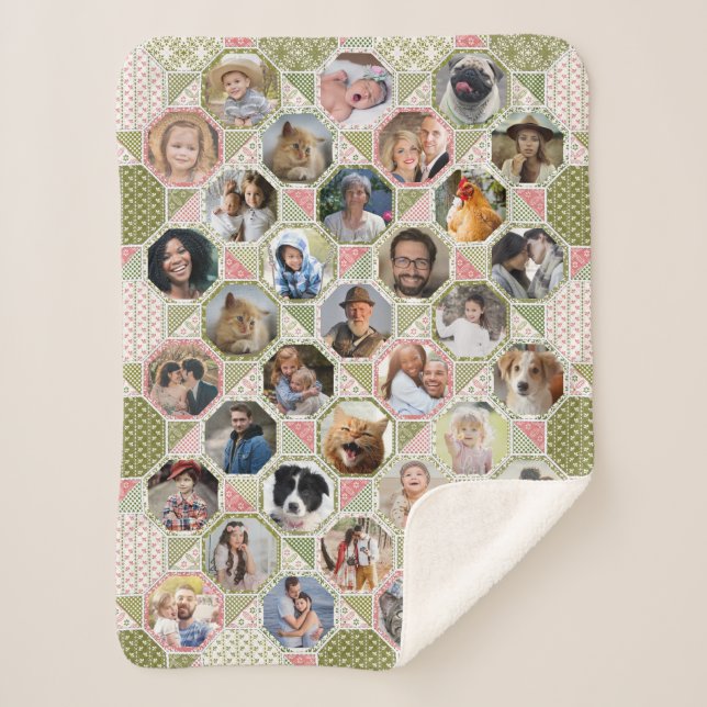 Family Photo Collage Green Pink Quilt 35 Pic Lg Sm Sherpa Blanket (Front)