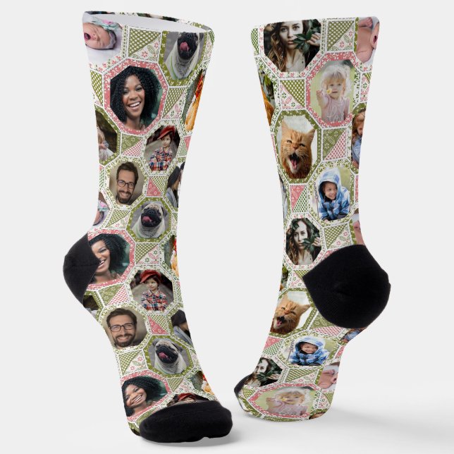 Family Photo Collage Green Pink Quilt Look 12 Pics Socks (Angled)