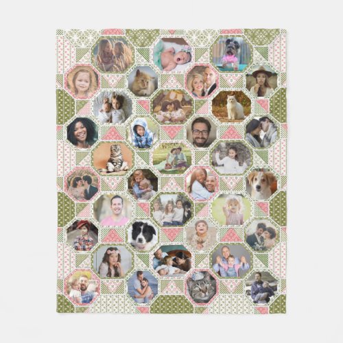 Family Photo Collage Green Pink Quilt Look 35 Pics Fleece Blanket