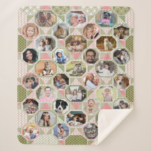 Family Photo Collage Green Pink Quilt Look 35 Pics Sherpa Blanket