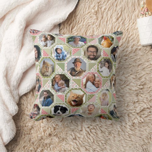 Family Photo Collage Green Pink Quilt Look 42 Pics Throw Pillow