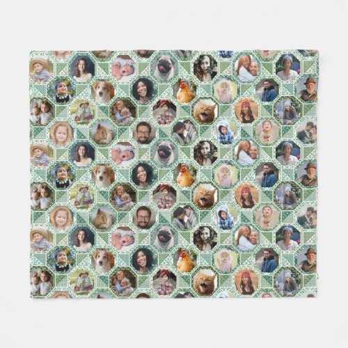 Family Photo Collage Green Quilt Look 28 Picture Fleece Blanket