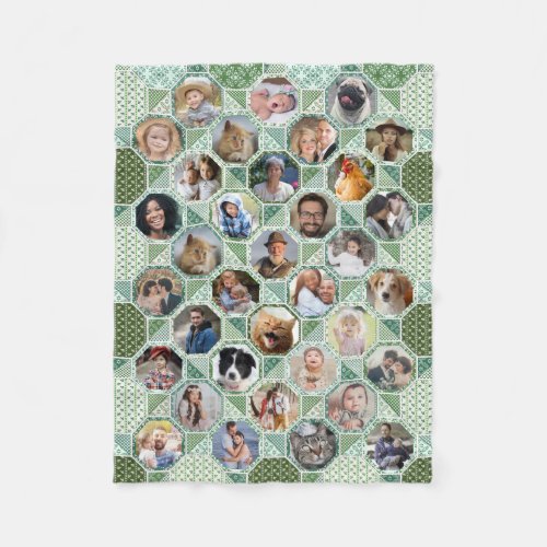 Family Photo Collage Green Quilt Look 35 Pic Lg Sm Fleece Blanket