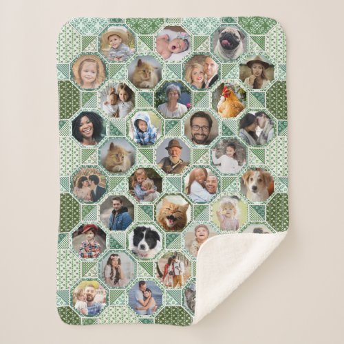 Family Photo Collage Green Quilt Look 35 Pic Lg Sm Sherpa Blanket
