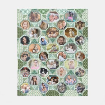 Family Photo Collage Green Quilt Look 35 Pics Easy Fleece Blanket by PictureCollage at Zazzle