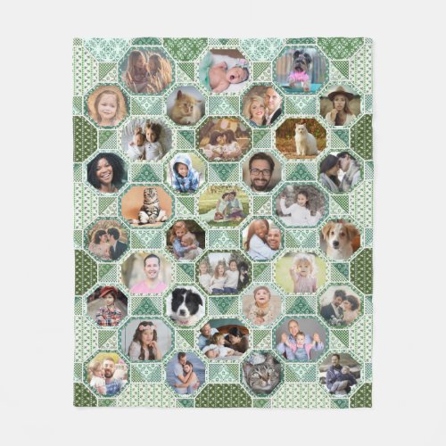 Family Photo Collage Green Quilt Look 35 Pics Easy Fleece Blanket