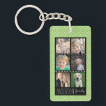 Family Photo Collage Green White Dots Personalized Keychain<br><div class="desc">This acrylic key chain offers six custom photo frames for you to add a collage of your favorite family photos. The background is bright green with a small white dot pattern. Custom text,  near the bottom,  allows you to add your name.</div>