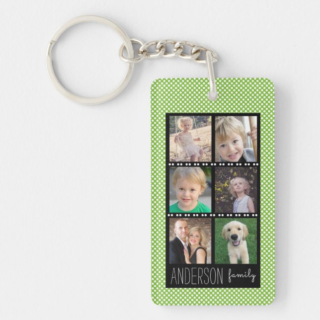 Family Photo Collage Green White Dots Personalized Keychain (Front)
