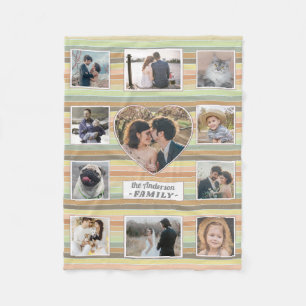 Family Photo Collage Heart 11 Custom Retro Stripe Fleece Blanket