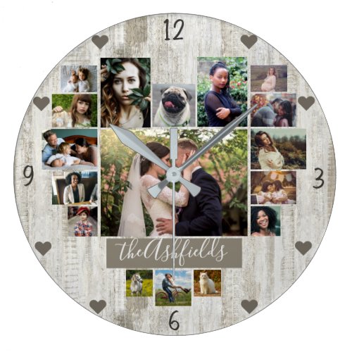 Family Photo Collage Heart 17 Pic Name Rustic Wood Large Clock