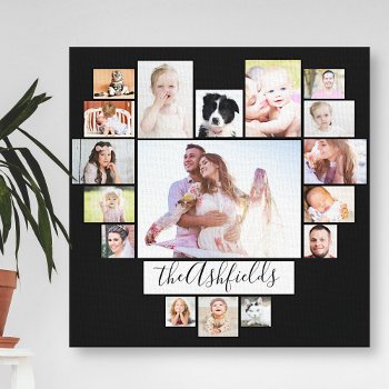Family Photo Collage Heart 17 Pictures Name Black Canvas Print by PictureCollage at Zazzle