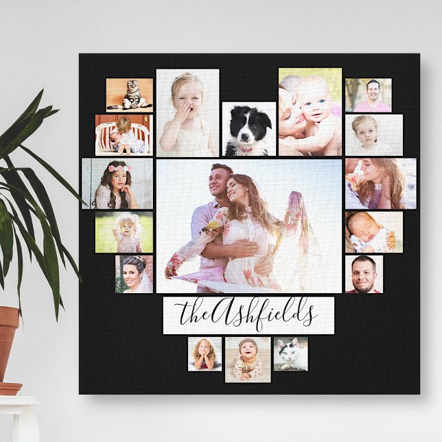 Family Photo Collage Heart 17 Pictures Name Black Canvas Print (Creator Uploaded)